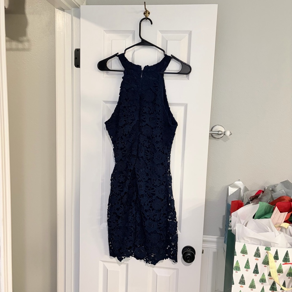 Lulus Love Poem Navy Blue Lace Halter Mini Dress Size Large - Picture 12 of 12